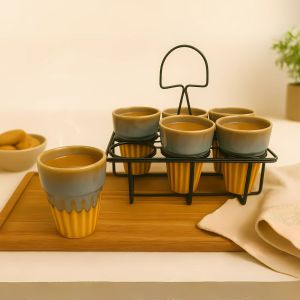 Unravel India Studio Glazed Brown & Green Ceramic Tea/Coffee Kullhad Set with Stand(6 Kullhad,1 Stand)