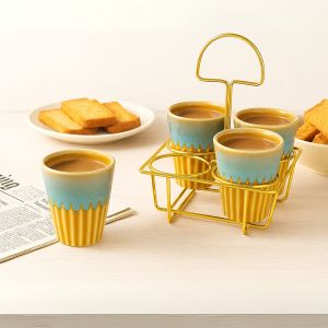 Unravel India Studio Glazed Brown & Green Ceramic Tea/Coffee Kullhad Set with Stand(4 Kullhad,1 Stand)