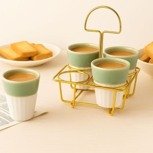 Unravel India Studio Glazed White & Green Ceramic Tea/Coffee Kullhad Set with Stand(4 Kullhad,1 Stand)