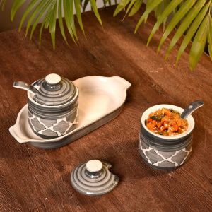 Unravel India ceramic handpainted jar storage organizer for pickle,masala with spoons & tray(Set of 2)
