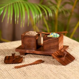 Unravel India handcarved brown  refreshment jar set with wooden spoon & tray