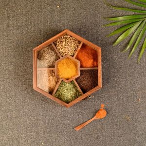 Unravel India sheesham wood hexagonal masala dani with wooden spoon for storing spices(Brown)