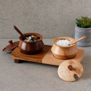 Unravel India "Wood Fusion" refreshment jar set in Sheesham & Mango Wood(2 Jar, 2 Spoon, 1 Tray)