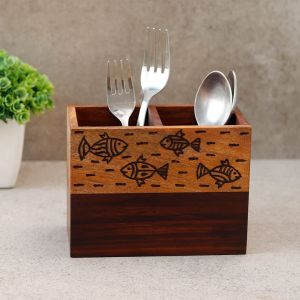 Unravel India"Wood Fusion Fish Motif" cuttlery holder in Sheesham wood