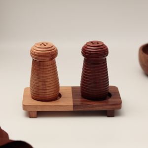 Unravel India "Ripple Wood" handcrafted salt & pepper shaker with wooden stand