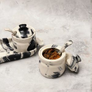 Unravel India " Vintage Chronical of Italy" ceramic jar for pickle & chutney with tray & Spoon