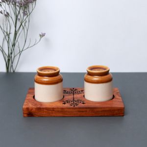 Unravel India "Royal Garnishers" ceramic Salt & Pepper shaker with sheesham wood base tray