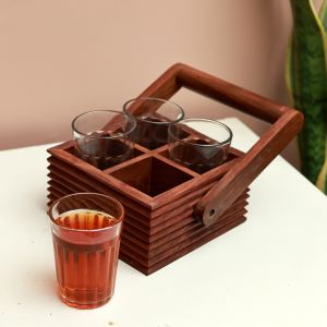 Unravel India "Ripple Collection" sheesham wood glass holder with chai glass(4 Glass)