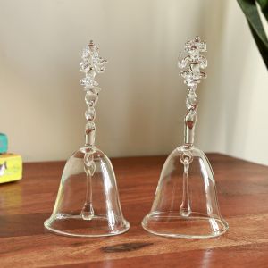 Unravel India Crystal Glass Pooja Bell with Ganesh Top Handcrafted Temple Bell for Prayer and Décor (Set of 2)