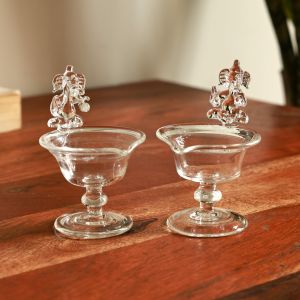 Unravel India Set of 2 Crystal Glass Diyas with Lord Ganesha – Pooja & Festive Décor