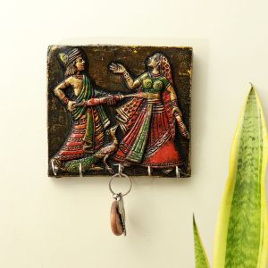 Unravel India Ethnic Rajasthani Handcrafted Wooden Key Holder Wall Hanging with Intricate Tribal Lady Artwork for Home Decor and Functional Utility