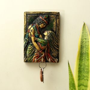 Unravel India Handcrafted Wooden Wall Hanging Key Holder Depicting Radha Krishna in Vibrant Ethnic Colors Ideal for Spiritual Home Decor and Gifting