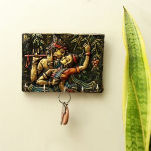 Unravel India Handcrafted Wooden Wall Hanging Key Holder Depicting Dancing Radha Krishna in Vibrant Ethnic Colors Ideal for Spiritual Home Decor and Gifting