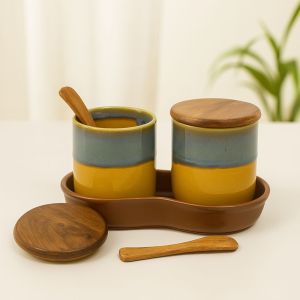 Unravel India Studio Glazed Brown & Green Ceramic Refreshment Jar with wooden tray & spoon(2 Jar, 1 Stand, 2 Spoon)