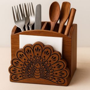 Unravel India Handcrafted "Dancing Peacock" Dual Partition Wooden Cuttlery Holder