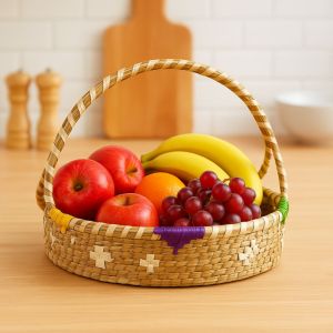 Unravel India Handwoven Cane Basket with Handle – Eco-Friendly Multipurpose Storage & Serving Tray