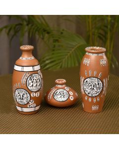 Unravel India terracotta warli handpainted home decorative brown pots(Set of 3)