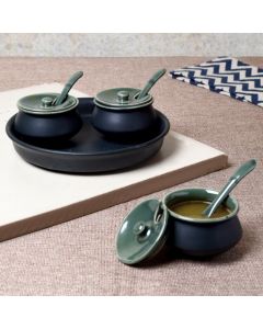 Unravel India ceramic hand crafted chutney bowl set with base tray (Set of 3)