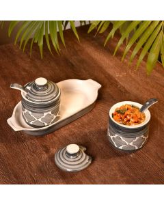 Unravel India ceramic handpainted jar storage organizer for pickle,masala with spoons & tray(Set of 2)