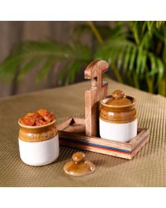 Unravel India ceramic martaban jar with wooden holder stand