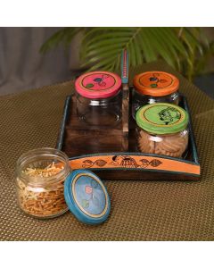 Unravel India Glass & Mango Wood Carving Jars With Stand for Kitchen Dried Masala Storage Jar | Cookies Jar|  Spice Jar| Spice Masala Jar (Set of 4)