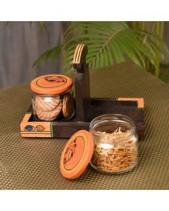 Unravel India Glass & Mango Wood Carving Jars With Wooden Stand (Set of 2)