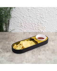 Unravel India handmade bamboo serving platter with serving bowl(Olive Green & Black)