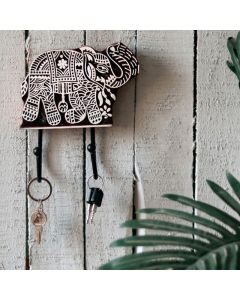 Unravel India "Elephant Motif" hand carved wooden block key holder in Mango Wood