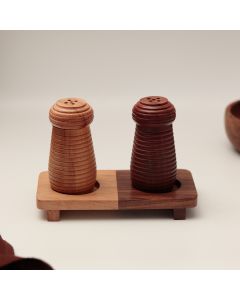 Unravel India "Ripple Wood" handcrafted salt & pepper shaker with wooden stand