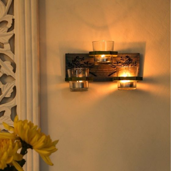 Unravel India Wooden 3 Tea light wall hanging set 
