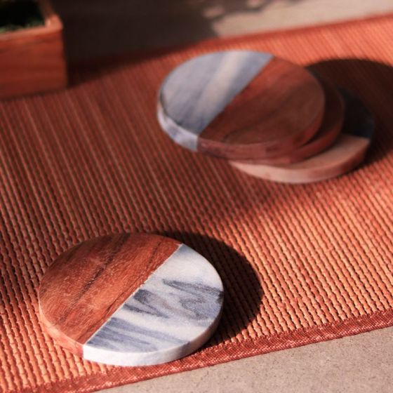 Unravel India "White Circular" coaster fused with Mango Wood & Marbel for Tea/Coffee(Set of 4)