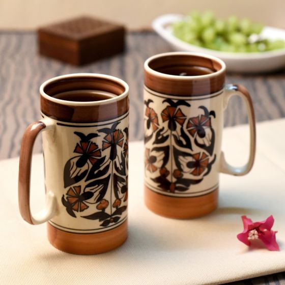 Unravel India Ceramic Floral Beer mug set (Set of 2)