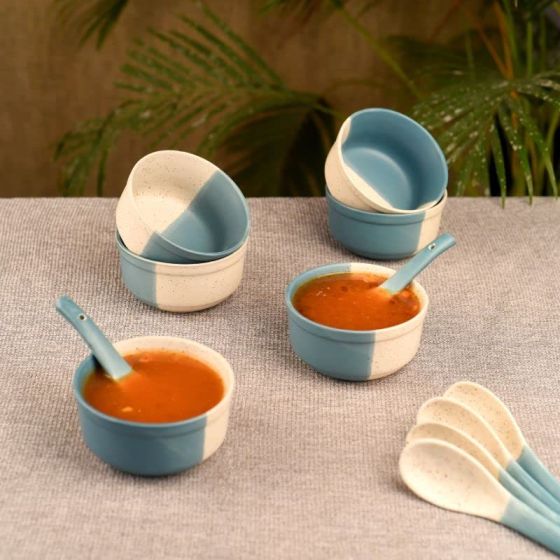 Unravel India Ceramic "Duo-color" bowl set for cereal/soup(6 Bowl,6 Spoon)