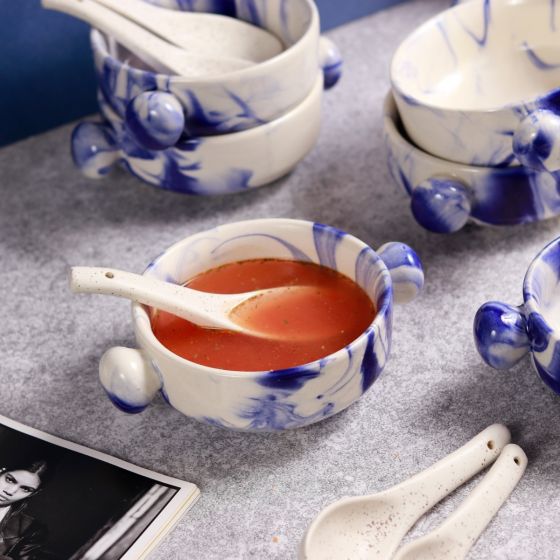 Unravel India "Shades of Earth" ceramic soup bowl set(6 Bowl, 6 Spoon)