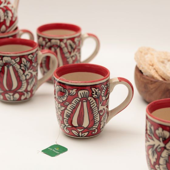 Unravel India shades of Red "Mugal Floral" handpainted tea/coffee Mugs(Set of 6)