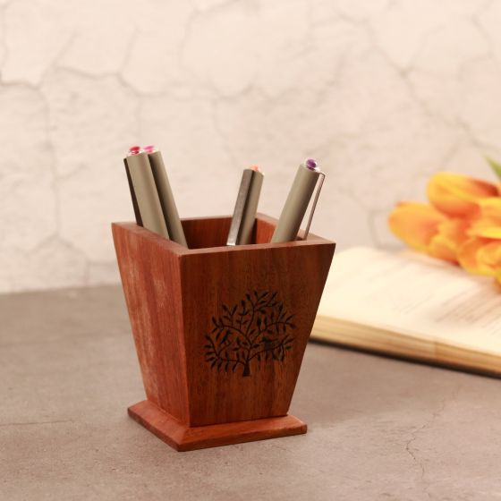 Unravel India handcarved "Tree of Life" sheesham wood stationary holder for pen/pencil