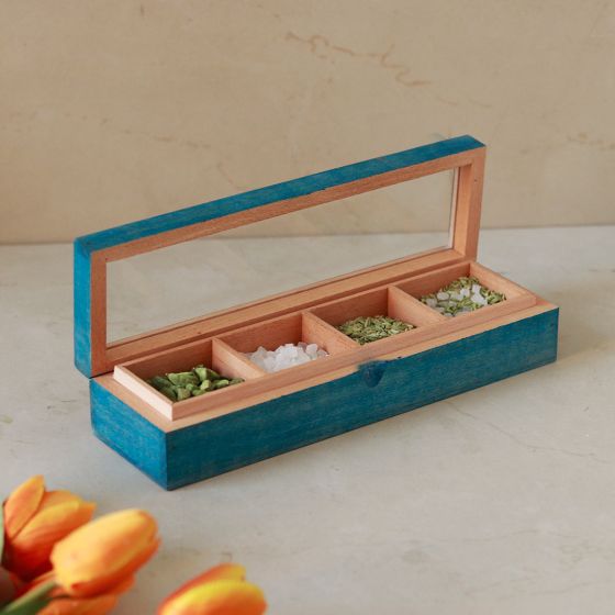 Unravel India Blue Wooden Utility/Masala Box in Steambeach Wood