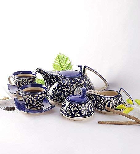 Unravel India Ceramic Mughal Handpainted Blue Tea Set (15 pcs.)