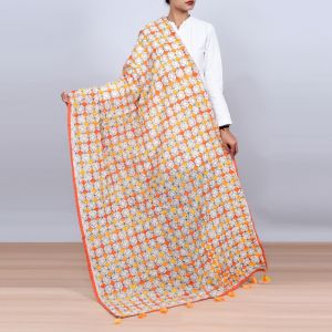 Unravel India Phulkari design Off-white base with Red & Yellow color embroidery Stole