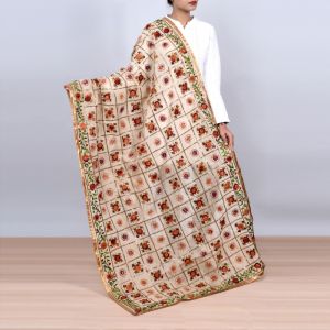 Unravel India Phulkari design light brown base with multicolor embroidery Stole