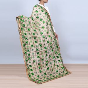 Unravel India Phulkari design light brown base with green color embroidery Stole