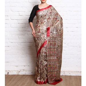 Unravel India Tussar Silk Warli Red Block printed Beige Saree