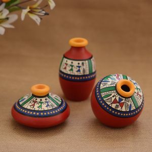 Unravel India Teracotta Red Warli handpainted Decorative Pot(Set of 3)
