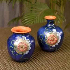 Unravel India terracotta handpainted home decorative aqua flower vase with brass motifs(Set of 2)