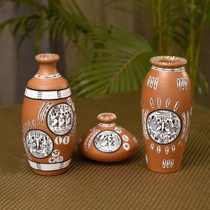 Unravel India terracotta warli handpainted home decorative brown pots(Set of 3)
