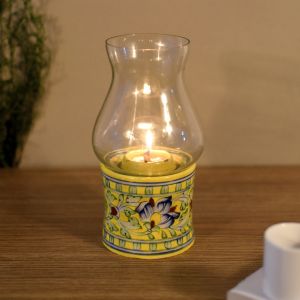 Unravel India Glass Tealight Candle Holder for Home Office Living Room Decoration (Yellow)