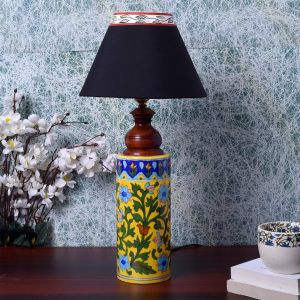 Unravel India Blue pottery mugal art ceramic cylindrical decorative Lamp (Multicolor)