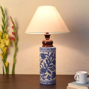 Unravel India Blue pottery mugal art ceramic cylindrical decorative Lamp (Blue,Off-white)