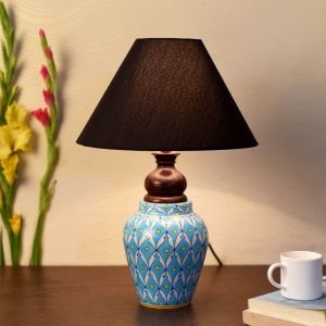Unravel India Blue pottery white leave and yellow dot ceramic matka decorative Lamp (Multicolor)