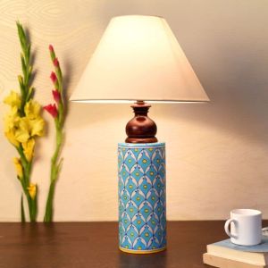 Unravel India Blue Pottery White Leave and Yellow dot Ceramic Cylindrical Decorative Lamp with White Shade (Multicolor)